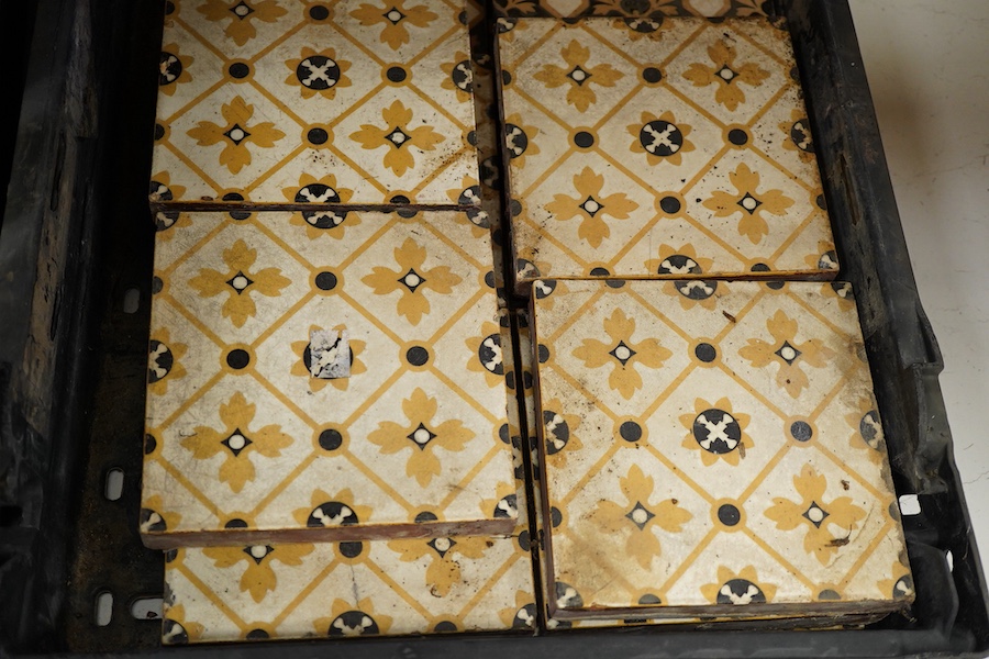 A collection of various tiles to include Minton style and a framed Chinese circular plaque